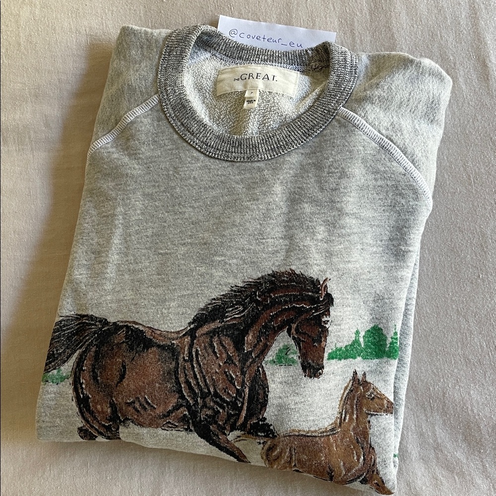 The Great. The College Sweatshirt in Heathered Grey Running Horse Graphic. Sz 2. - Picture 9 of 9